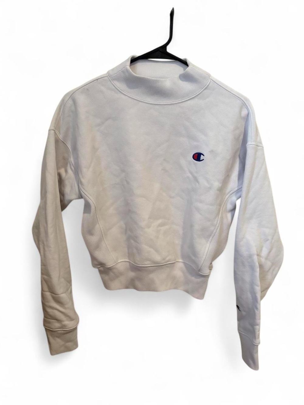 Champion White Mock neck Cropped Sweatshirt with Embroidered Logo